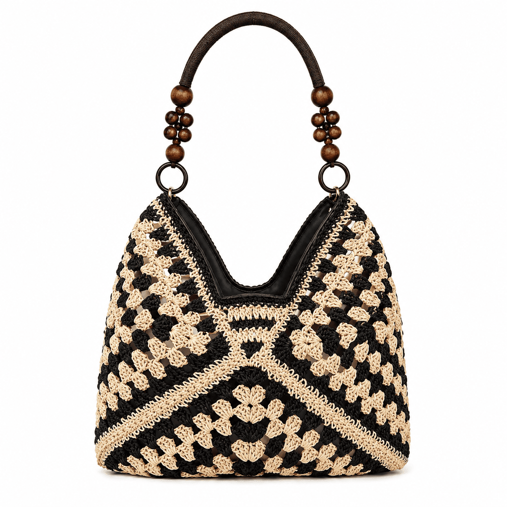 Sac Cabas Crochet Granny Square Noir Crème Anse Perles Bois Épaule 2